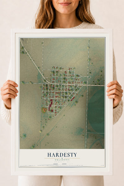 Map of Hardesty, Oklahoma, 18 x 24 inch print in a white wood frame