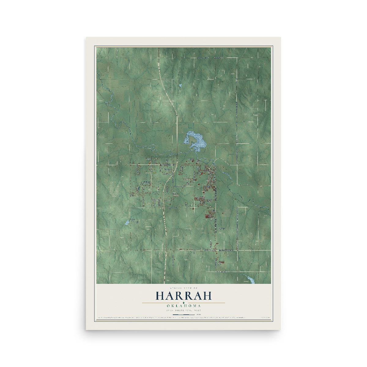 Map of Harrah, Oklahoma, 12 x 18 inch unframed archival matte print