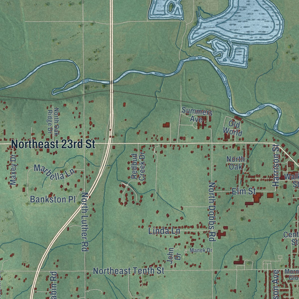 Close-up of the map of Harrah, Oklahoma print showing street and building detail