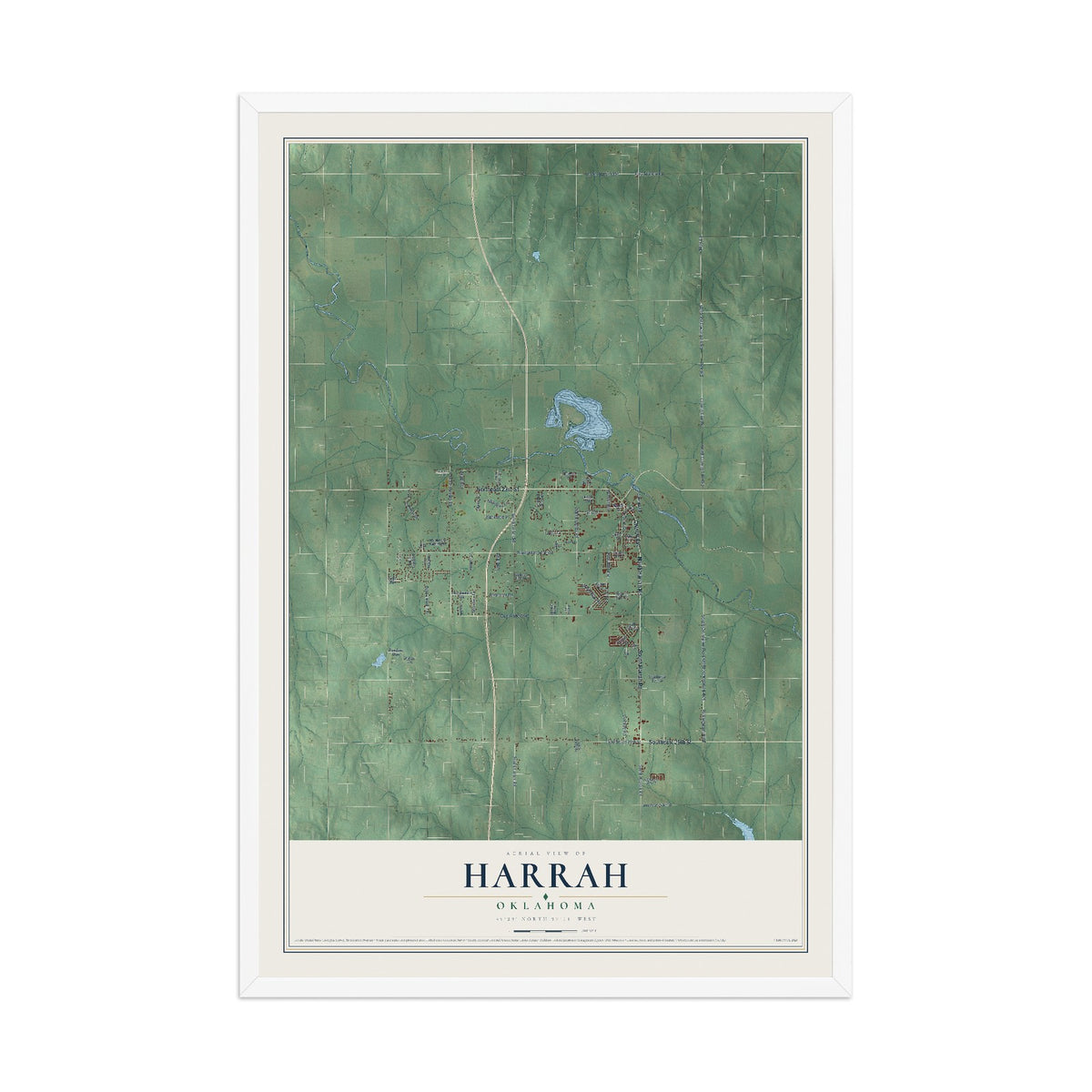 Map of Harrah, Oklahoma, 12 x 18 inch print in a white wood frame