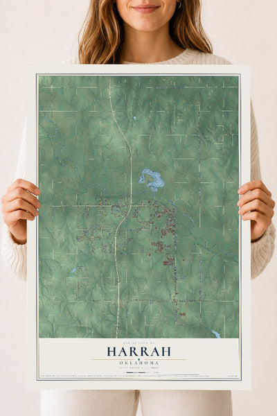 Map of Harrah, Oklahoma, 18 x 24 inch unframed archival matte print