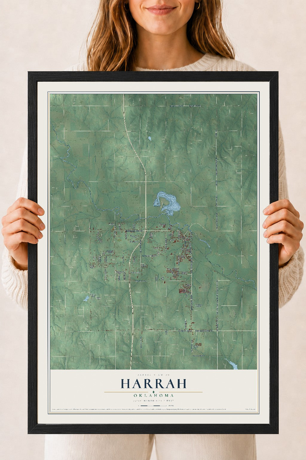 Map of Harrah, Oklahoma, 18 x 24 inch print in a black wood frame