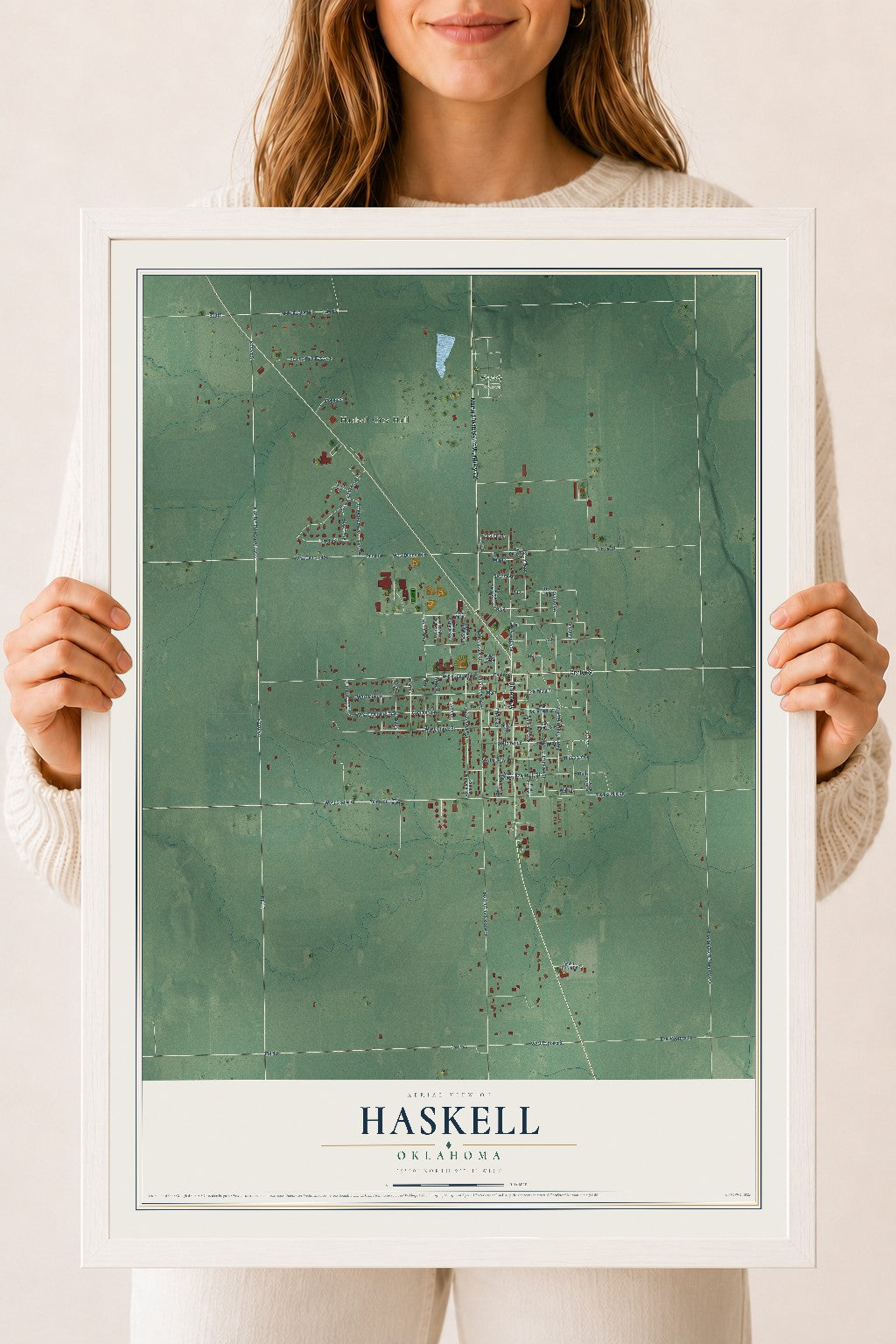 Map of Haskell, Oklahoma, 18 x 24 inch print in a white wood frame