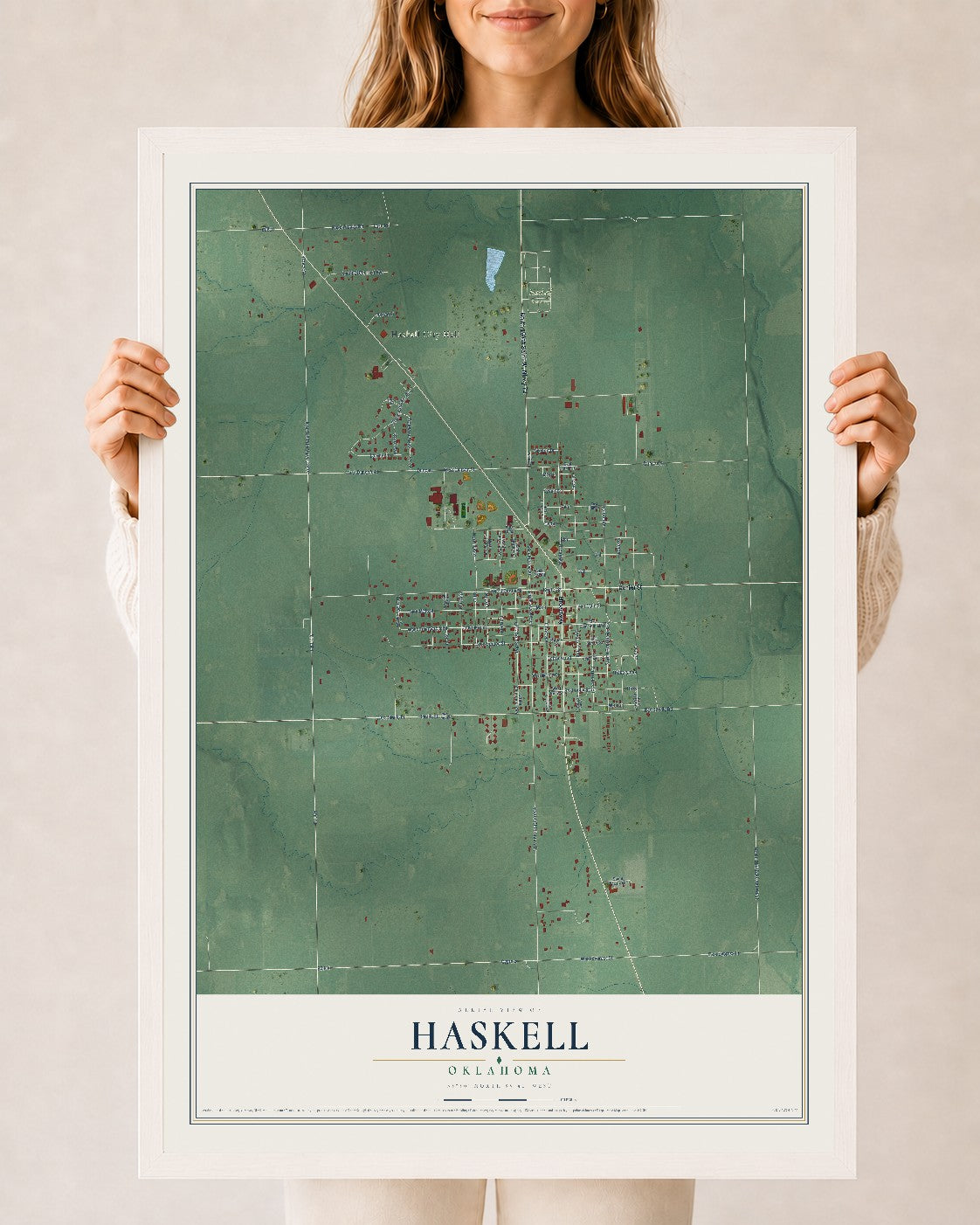 Map of Haskell, Oklahoma, 24 x 36 inch print in a white wood frame