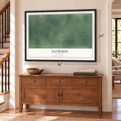 Haywood, Oklahoma map, 24 x 36 inch print in a black frame above a dresser by a staircase