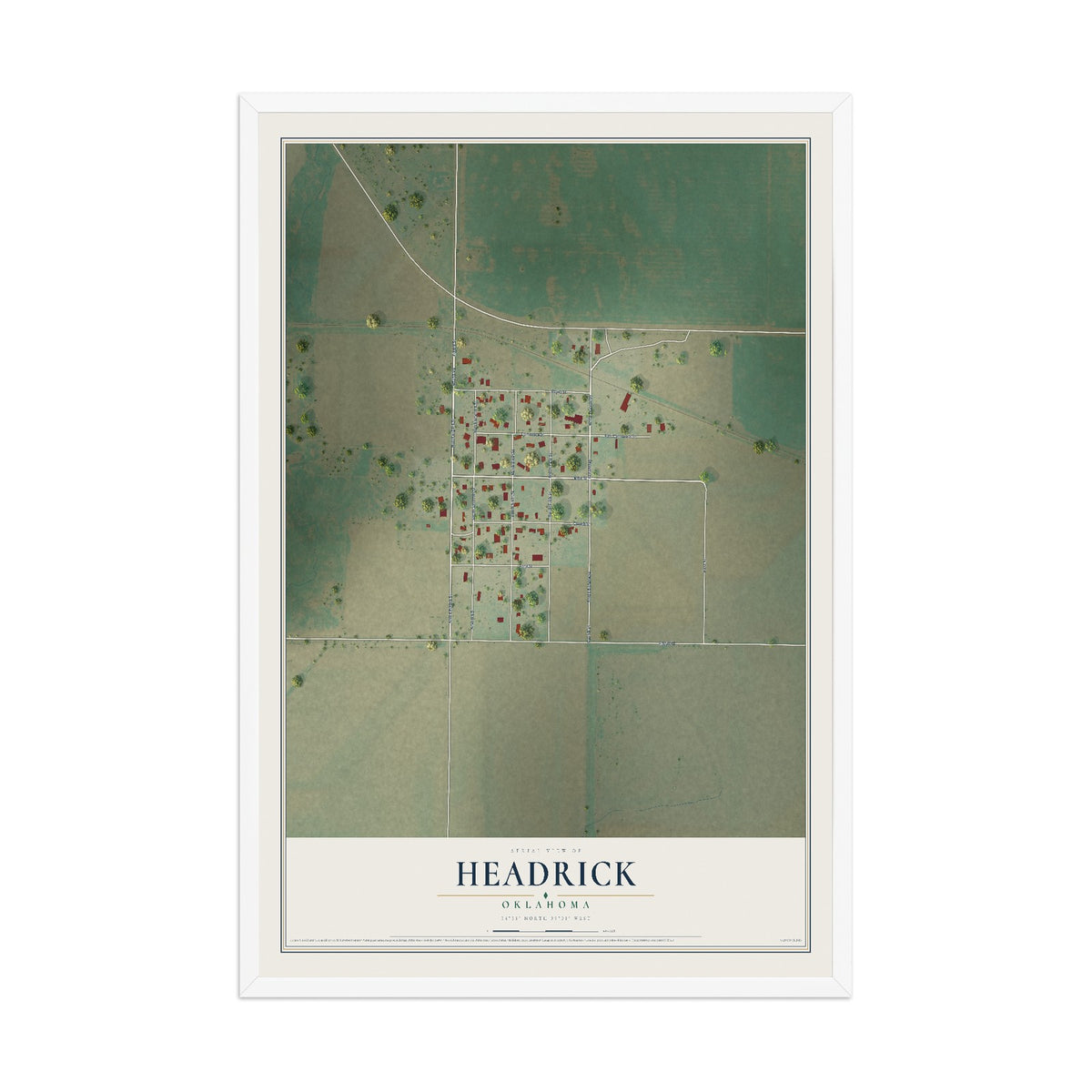 Map of Headrick, Oklahoma, 12 x 18 inch print in a white wood frame