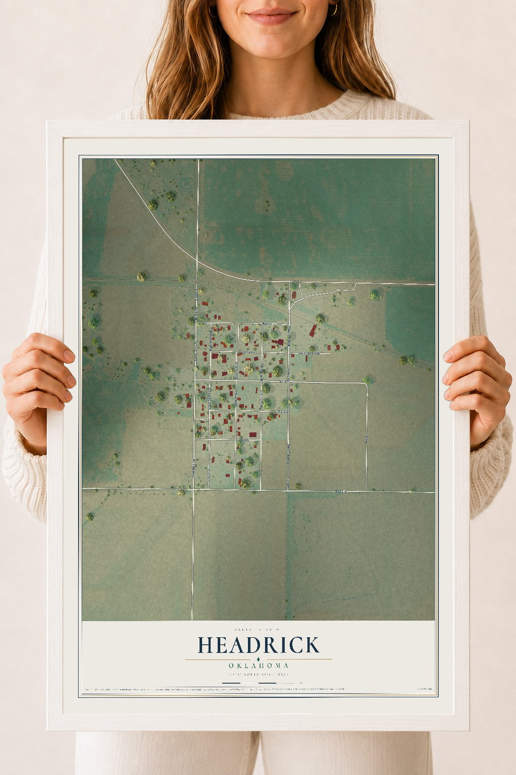 Map of Headrick, Oklahoma, 18 x 24 inch print in a white wood frame