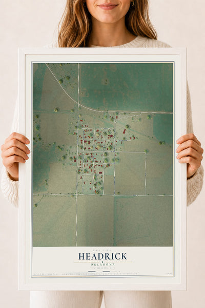 Map of Headrick, Oklahoma, 18 x 24 inch print in a white wood frame