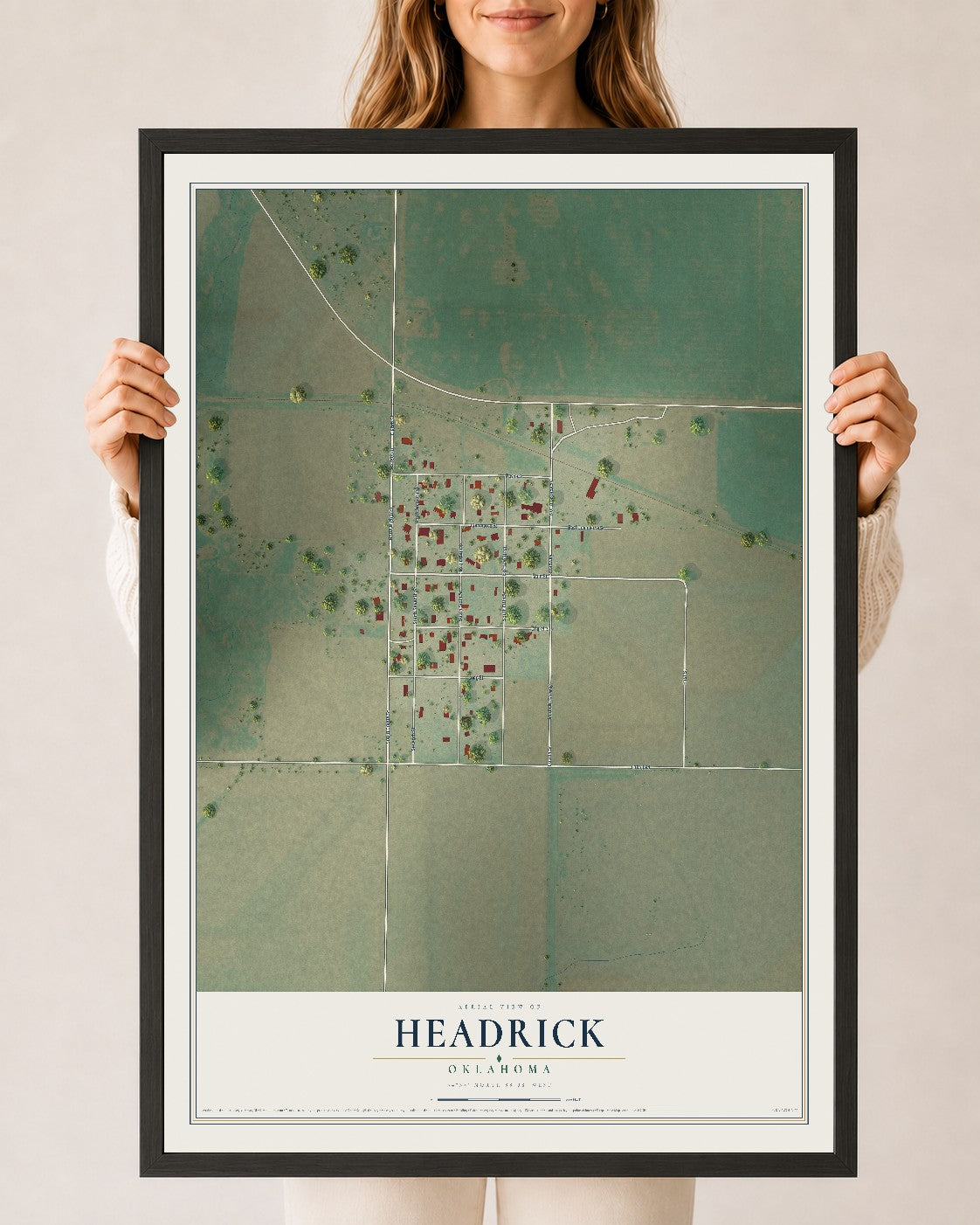 Map of Headrick, Oklahoma, 24 x 36 inch print in a black wood frame