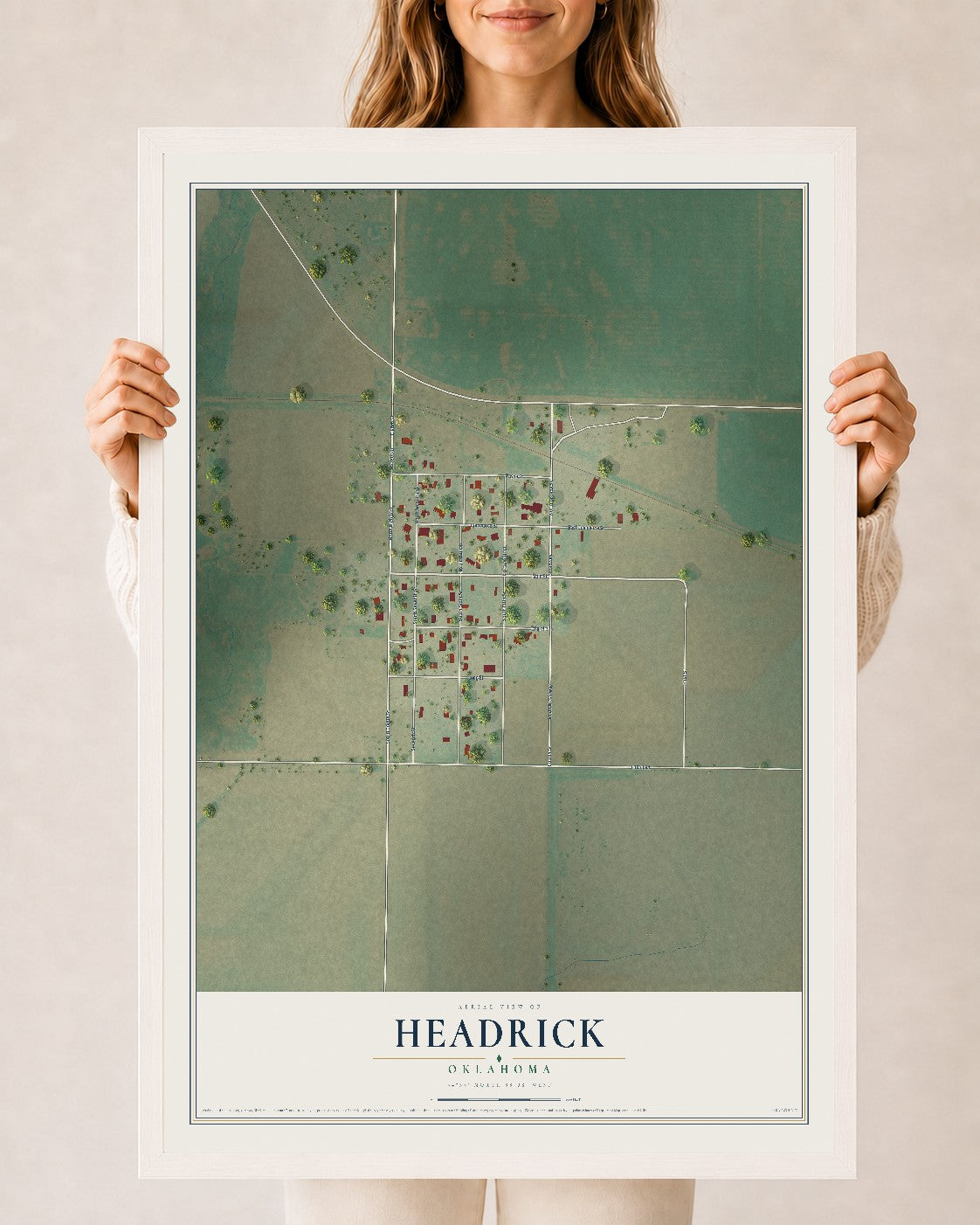 Map of Headrick, Oklahoma, 24 x 36 inch print in a white wood frame
