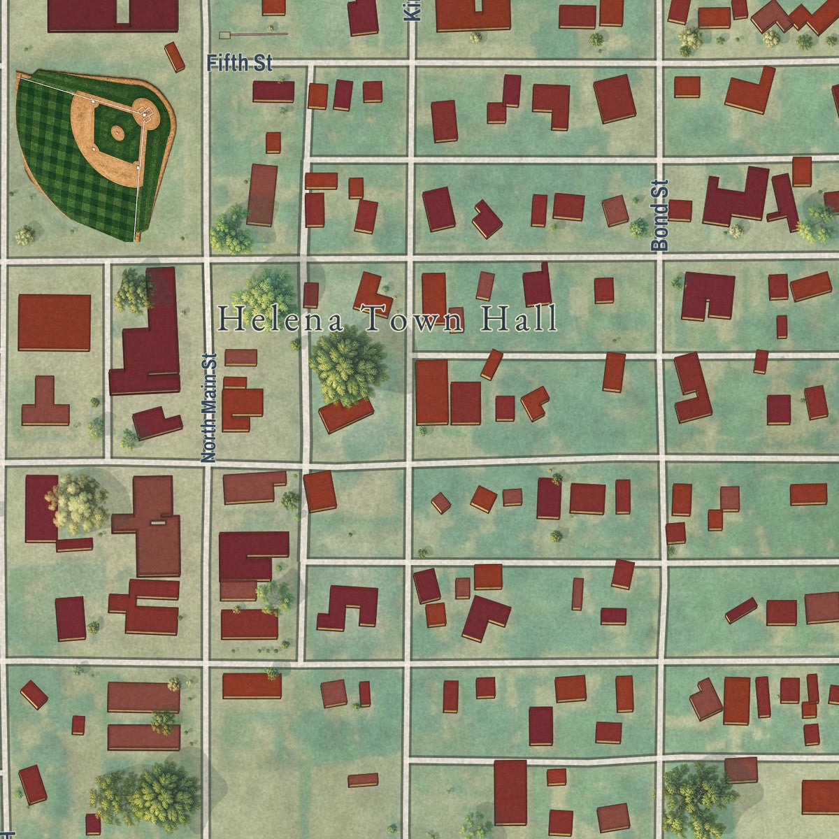 Close-up of the map of Helena, Oklahoma print showing street and building detail