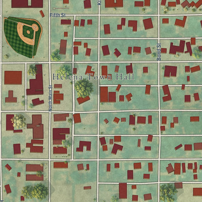 Close-up of the map of Helena, Oklahoma print showing street and building detail