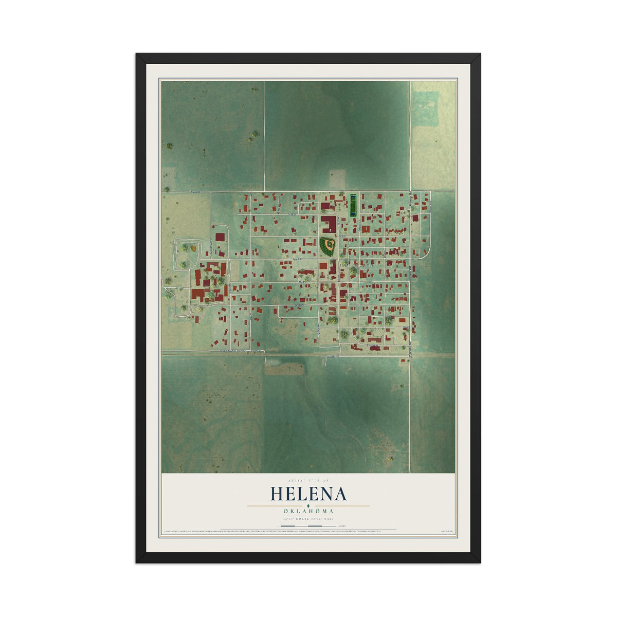 Map of Helena, Oklahoma, 12 x 18 inch print in a black wood frame