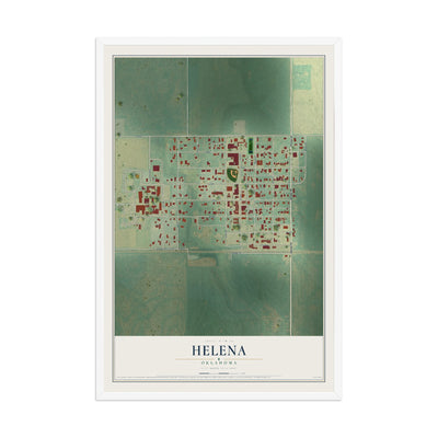 Map of Helena, Oklahoma, 12 x 18 inch print in a white wood frame