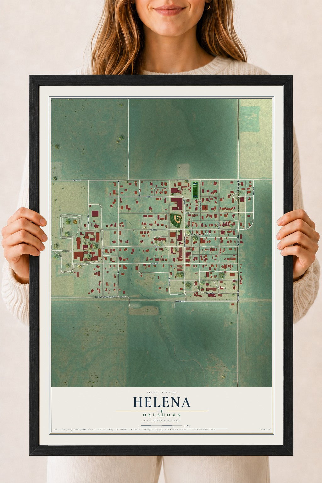 Map of Helena, Oklahoma, 18 x 24 inch print in a black wood frame