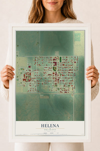 Map of Helena, Oklahoma, 18 x 24 inch print in a white wood frame
