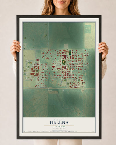 Map of Helena, Oklahoma, 24 x 36 inch print in a black wood frame