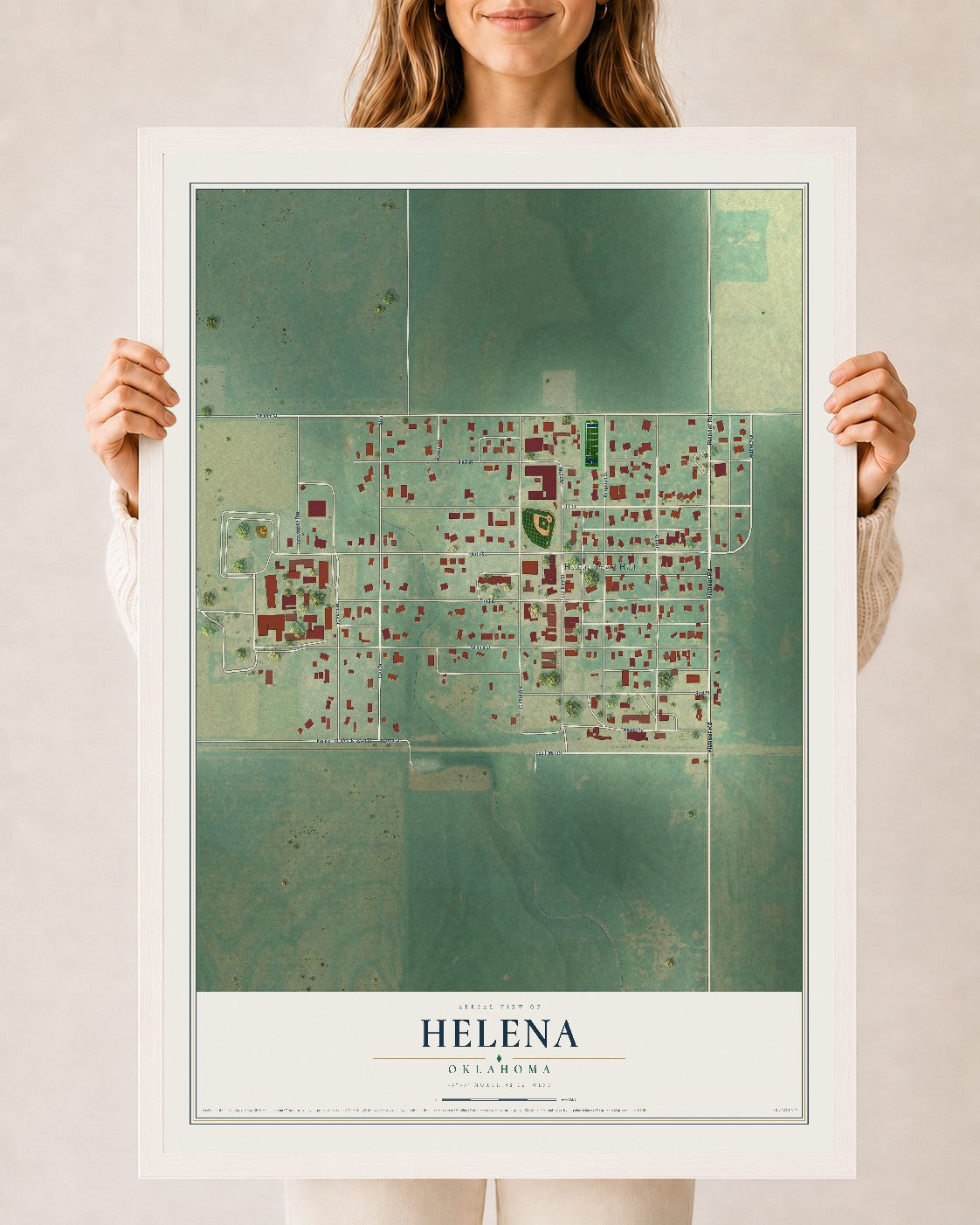 Map of Helena, Oklahoma, 24 x 36 inch print in a white wood frame