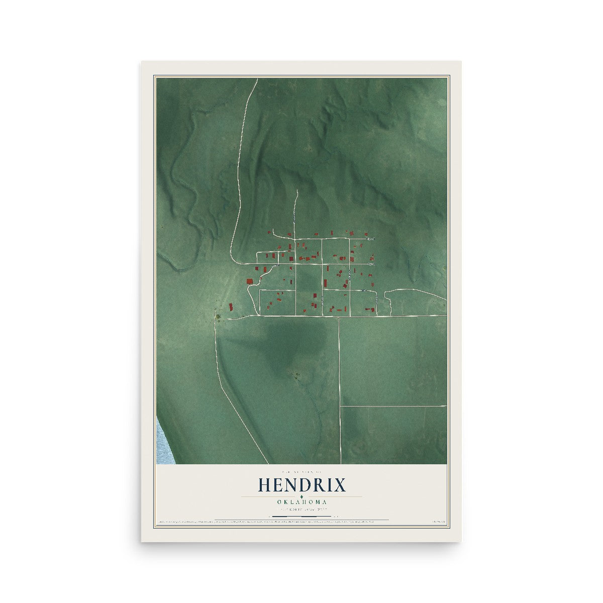 Map of Hendrix, Oklahoma, 12 x 18 inch unframed archival matte print