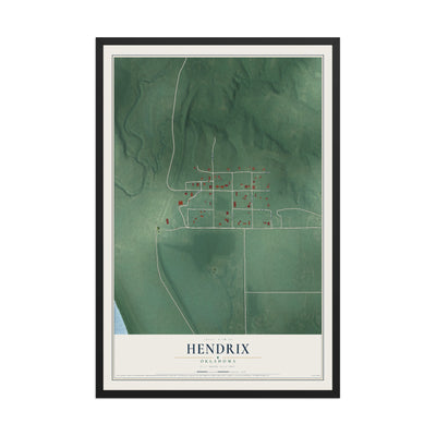 Map of Hendrix, Oklahoma, 12 x 18 inch print in a black wood frame