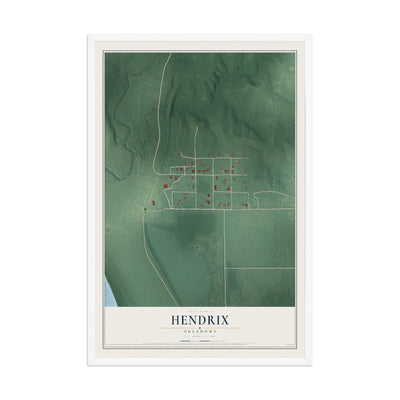 Map of Hendrix, Oklahoma, 12 x 18 inch print in a white wood frame