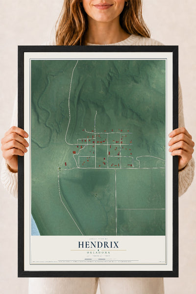 Map of Hendrix, Oklahoma, 18 x 24 inch print in a black wood frame