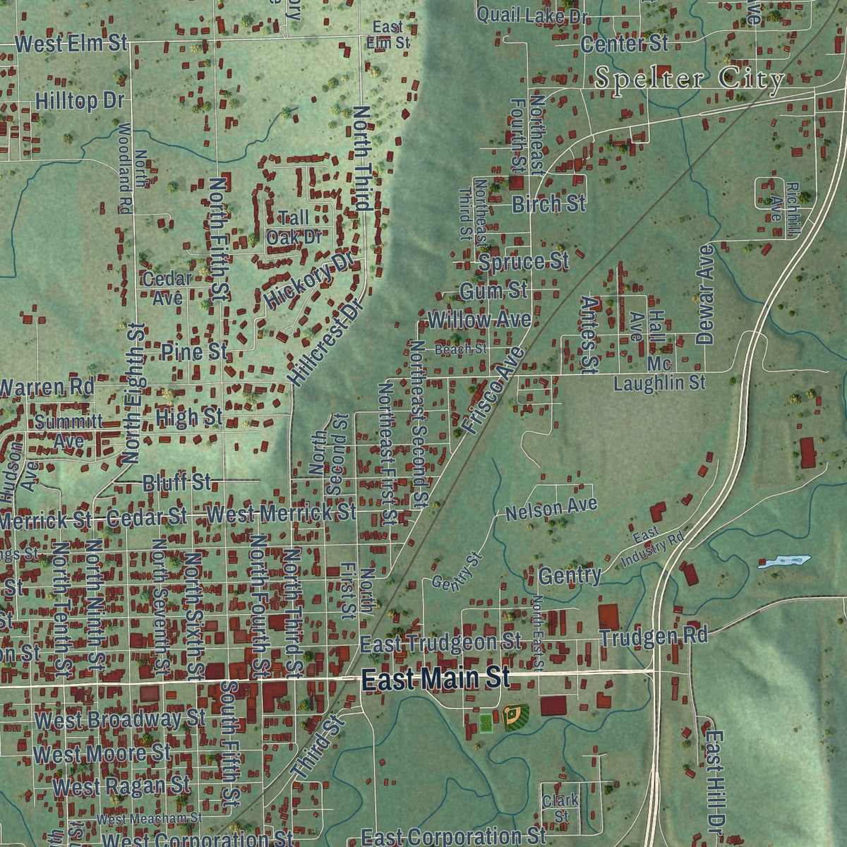 Close-up of the map of Henryetta, Oklahoma print showing street and building detail