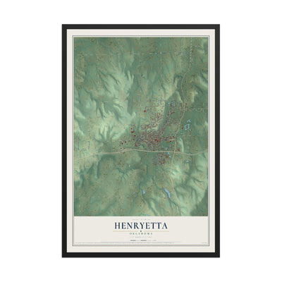 Map of Henryetta, Oklahoma, 12 x 18 inch print in a black wood frame