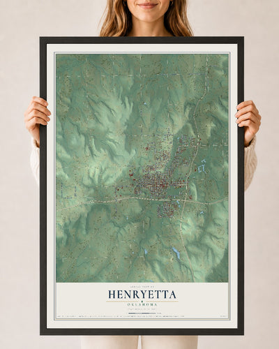 Map of Henryetta, Oklahoma, 24 x 36 inch print in a black wood frame