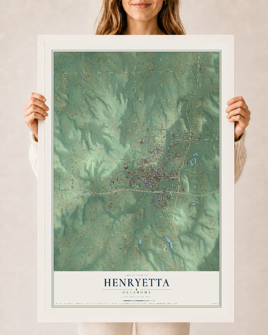 Map of Henryetta, Oklahoma, 24 x 36 inch print in a white wood frame