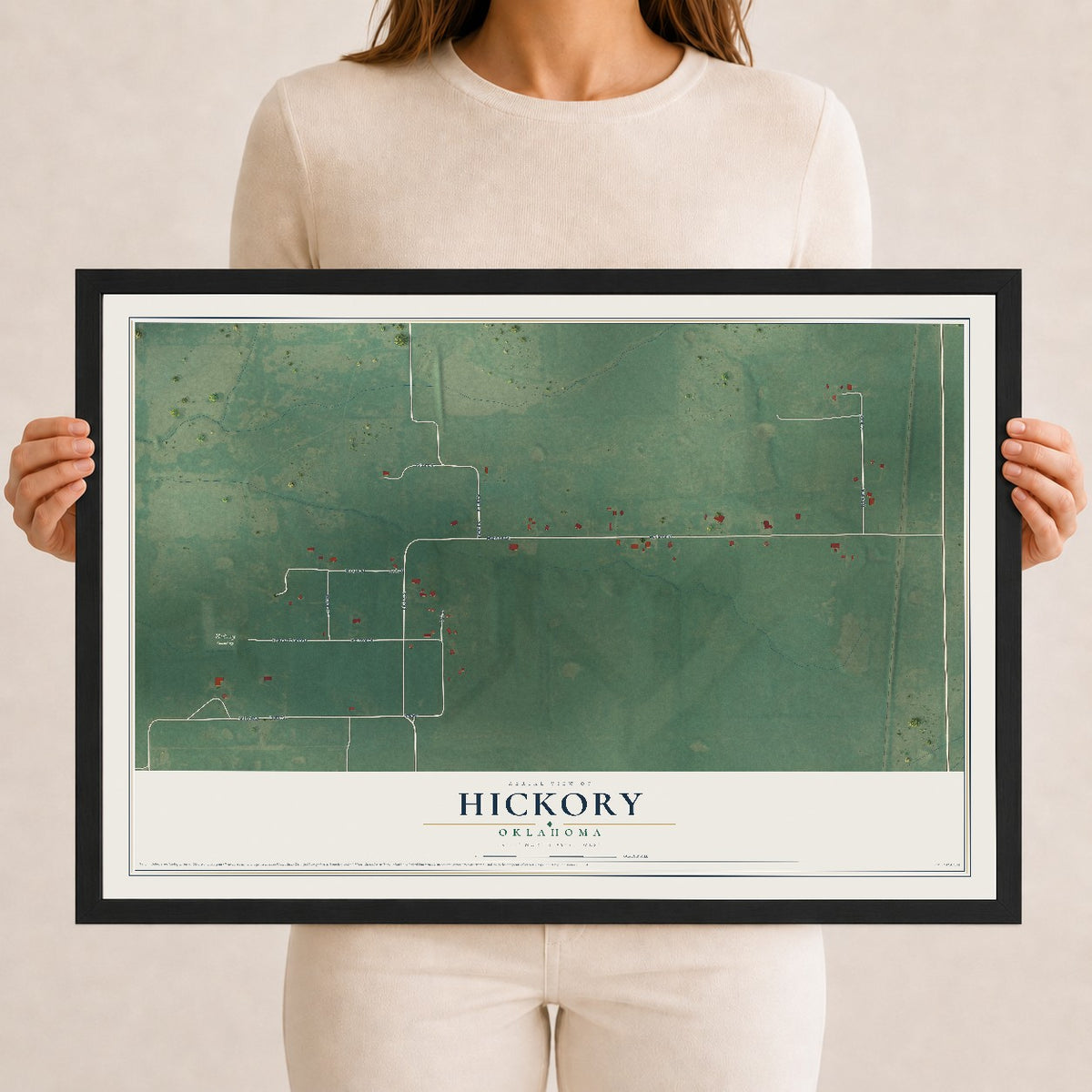 Map of Hickory, Oklahoma, 12 x 18 inch print in a black wood frame