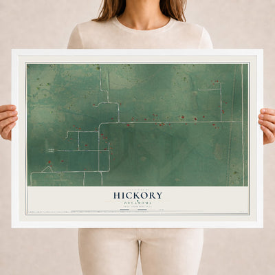 Map of Hickory, Oklahoma, 18 x 24 inch print in a white wood frame