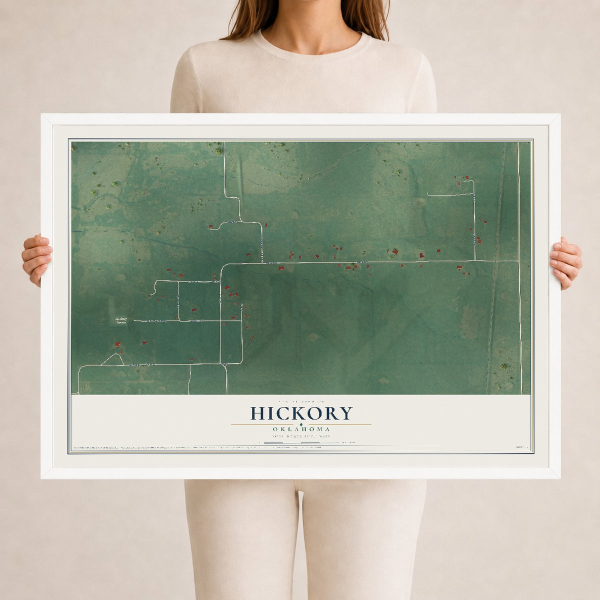 Map of Hickory, Oklahoma, 24 x 36 inch print in a white wood frame