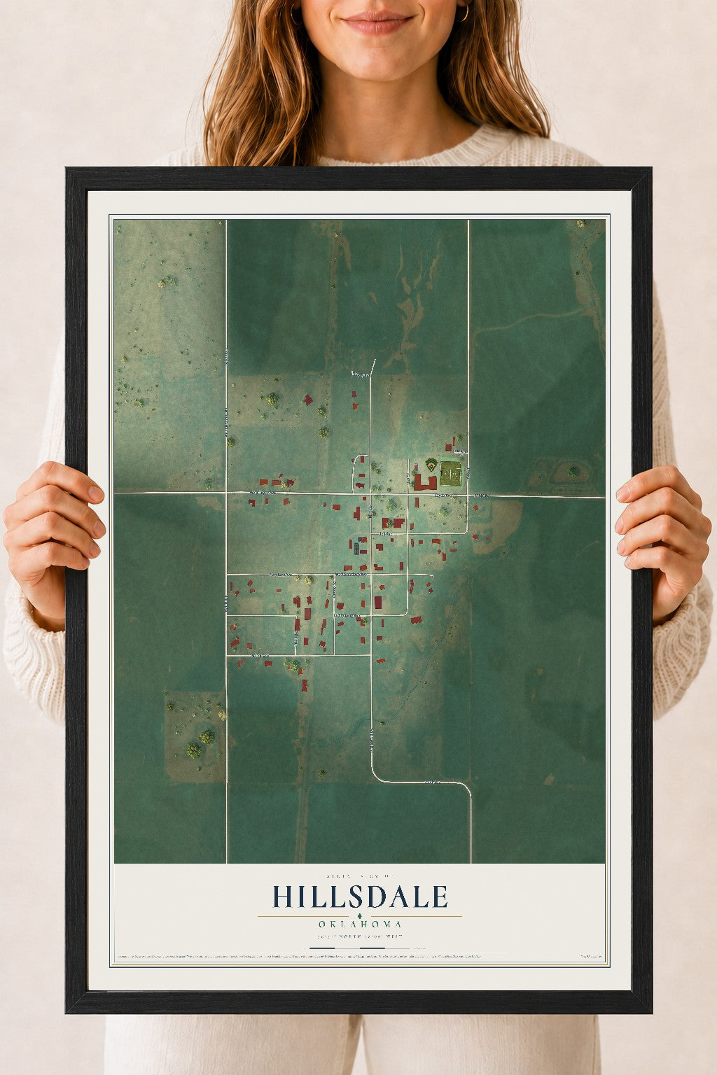 Map of Hillsdale, Oklahoma, 18 x 24 inch print in a black wood frame