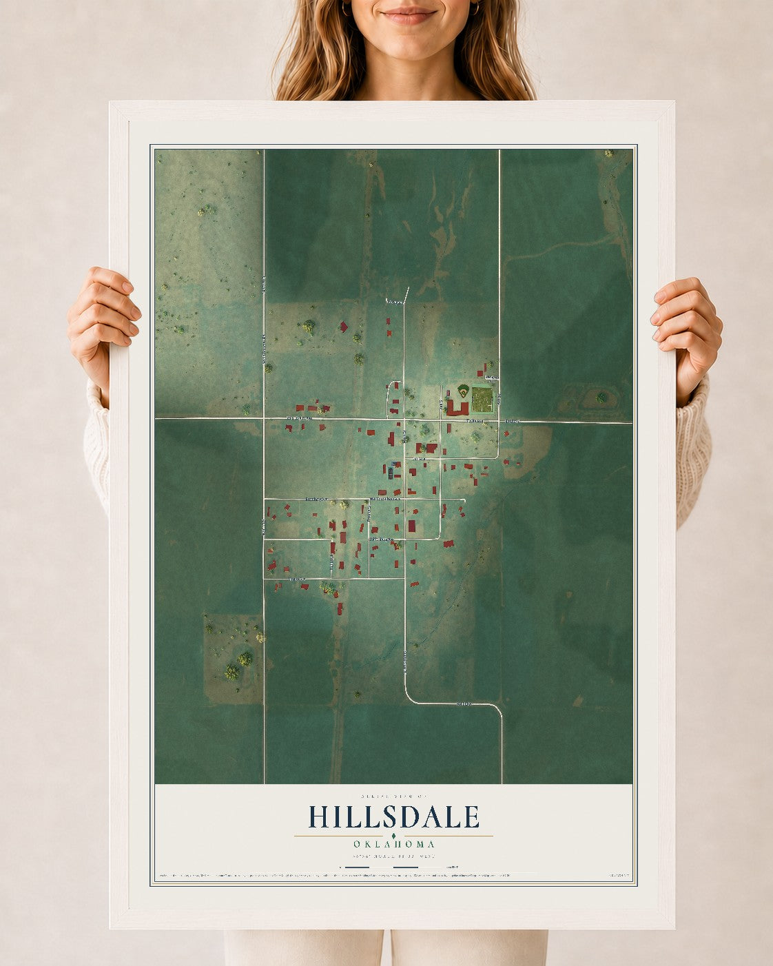 Map of Hillsdale, Oklahoma, 24 x 36 inch print in a white wood frame