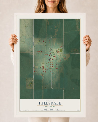Map of Hillsdale, Oklahoma, 24 x 36 inch print in a white wood frame
