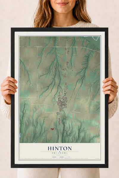 Map of Hinton, Oklahoma, 18 x 24 inch print in a black wood frame