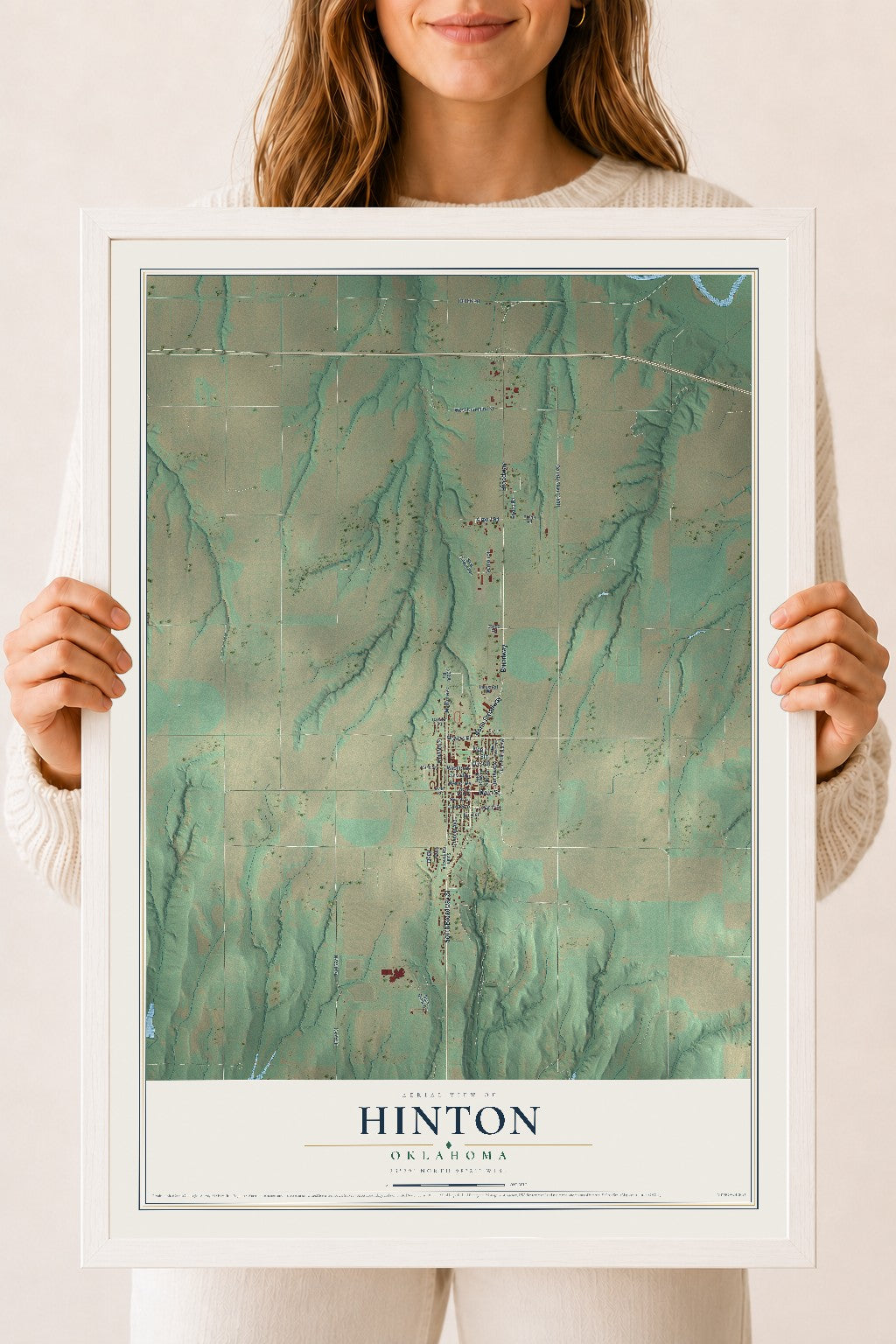 Map of Hinton, Oklahoma, 18 x 24 inch print in a white wood frame