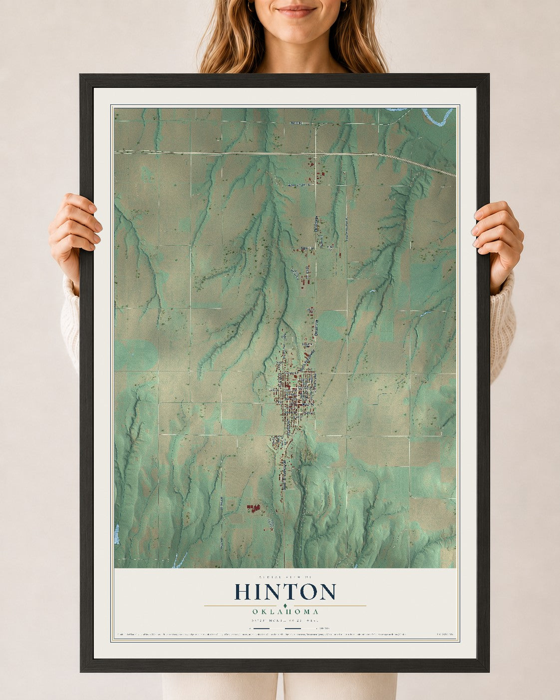 Map of Hinton, Oklahoma, 24 x 36 inch print in a black wood frame