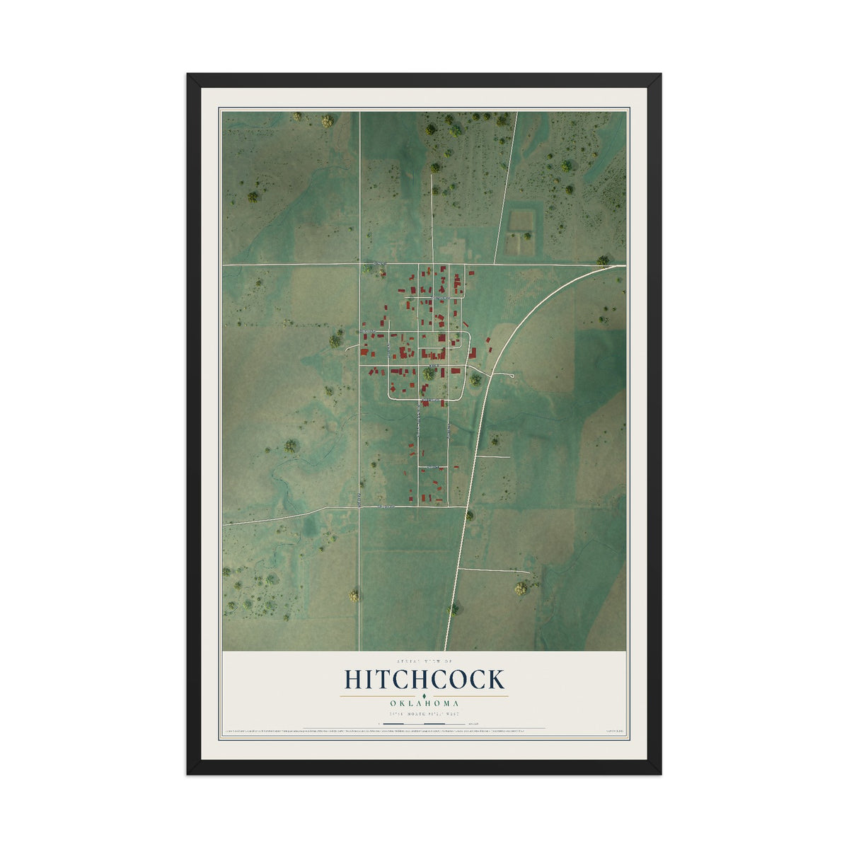 Map of Hitchcock, Oklahoma, 12 x 18 inch print in a black wood frame