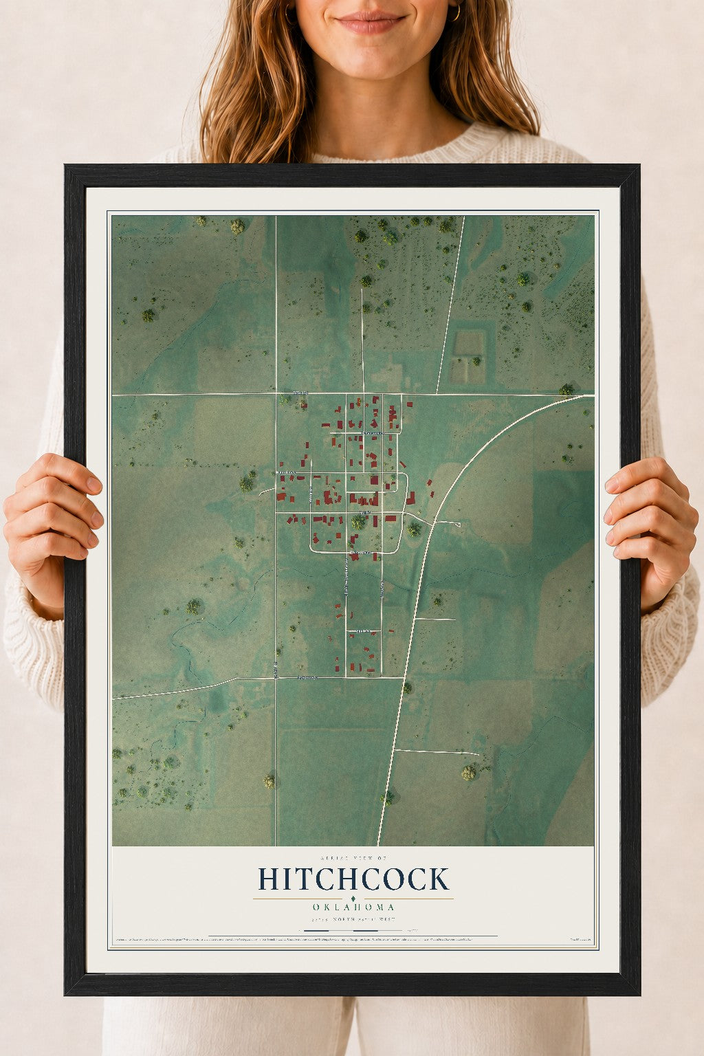 Map of Hitchcock, Oklahoma, 18 x 24 inch print in a black wood frame