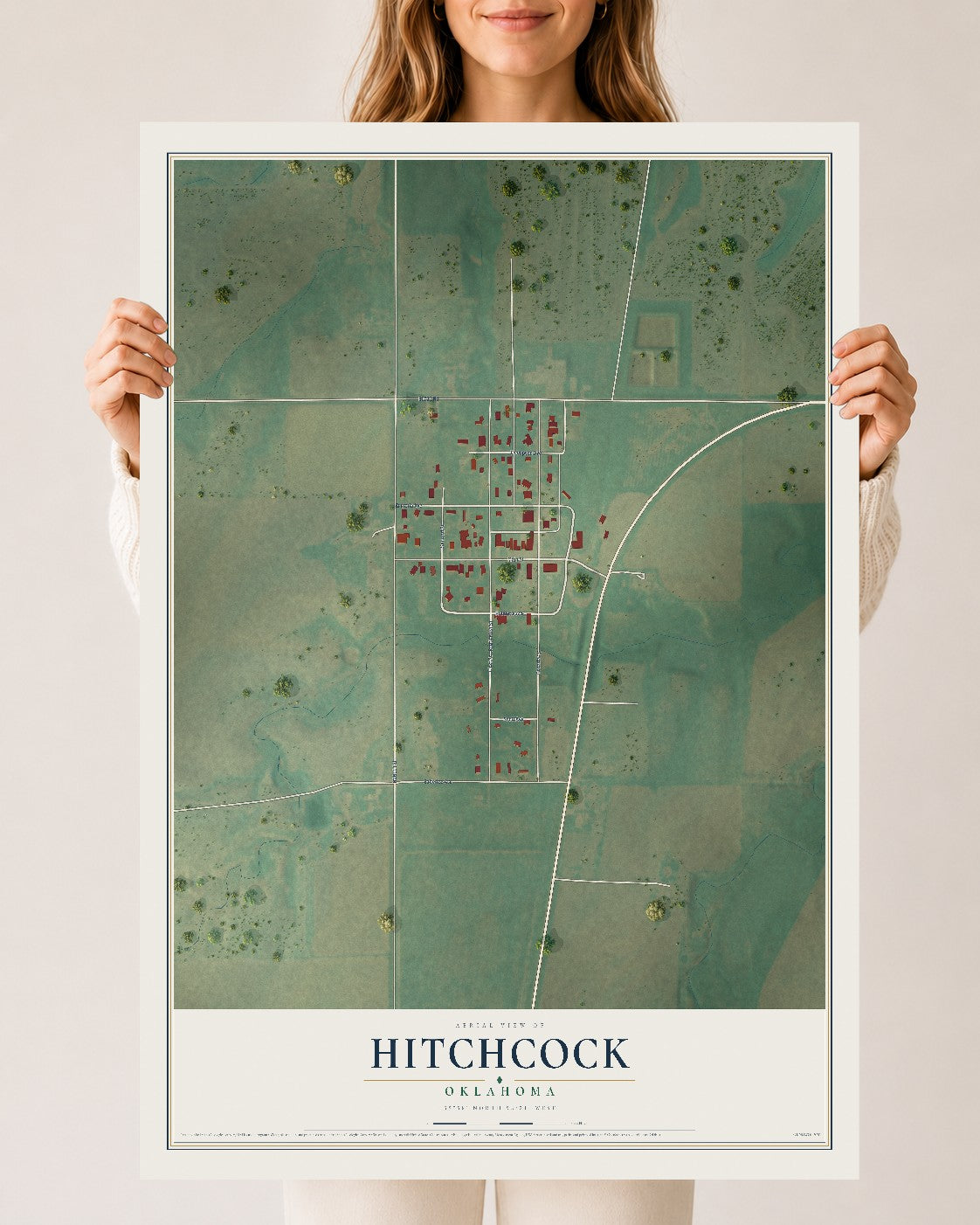Map of Hitchcock, Oklahoma, 24 x 36 inch unframed archival matte print