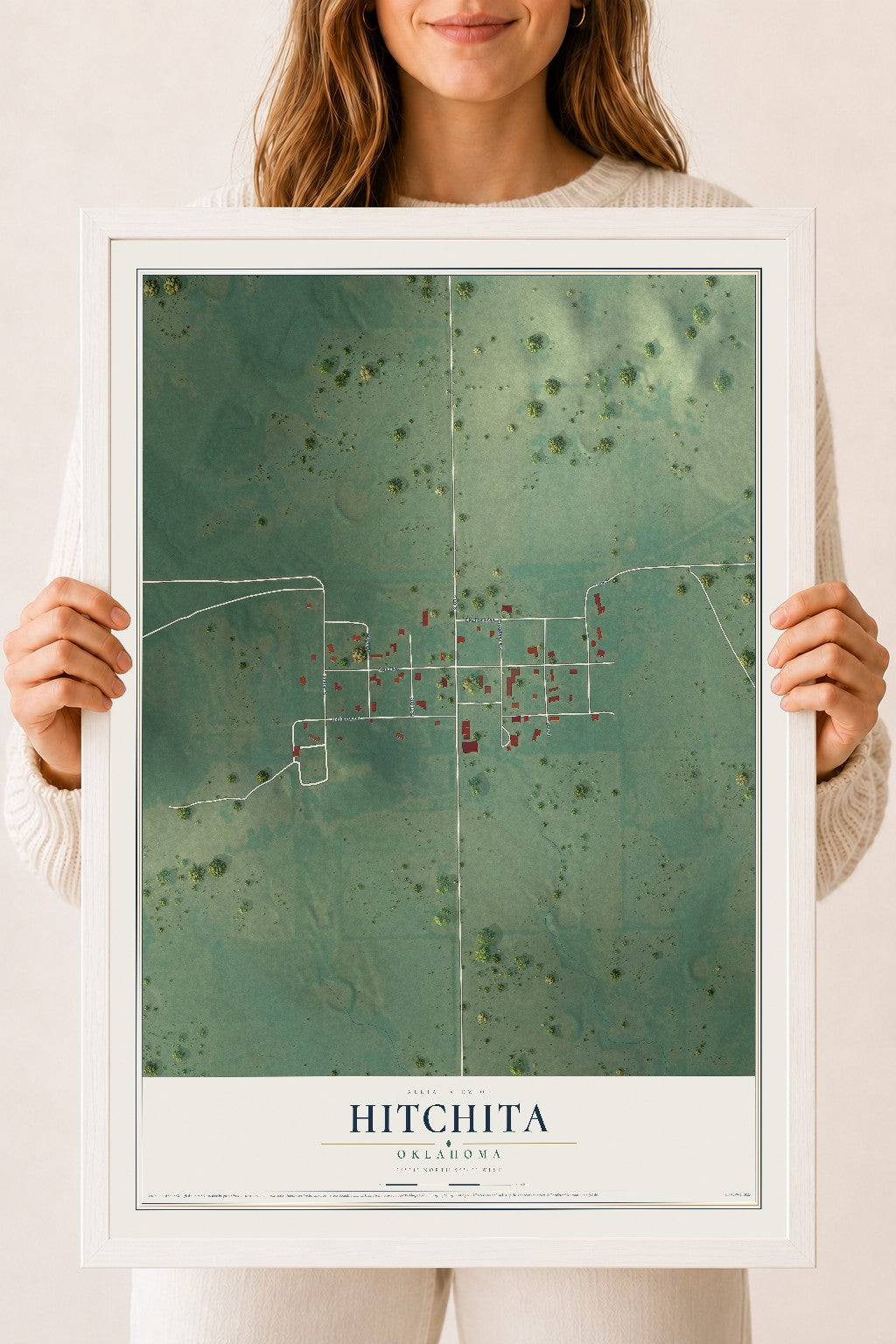 Map of Hitchita, Oklahoma, 18 x 24 inch print in a white wood frame
