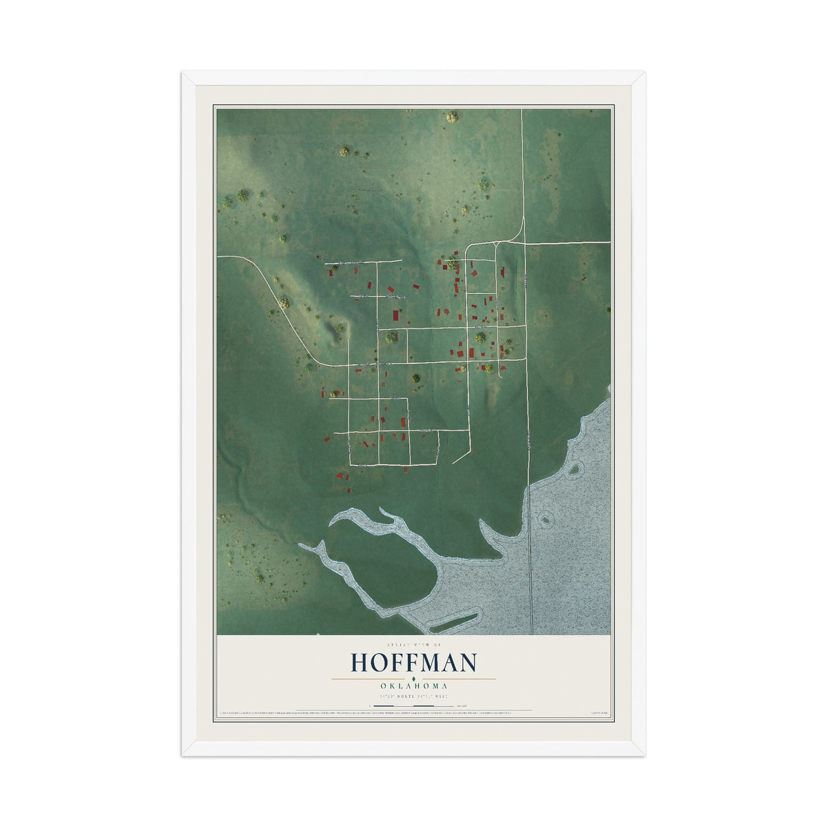 Map of Hoffman, Oklahoma, 12 x 18 inch print in a white wood frame