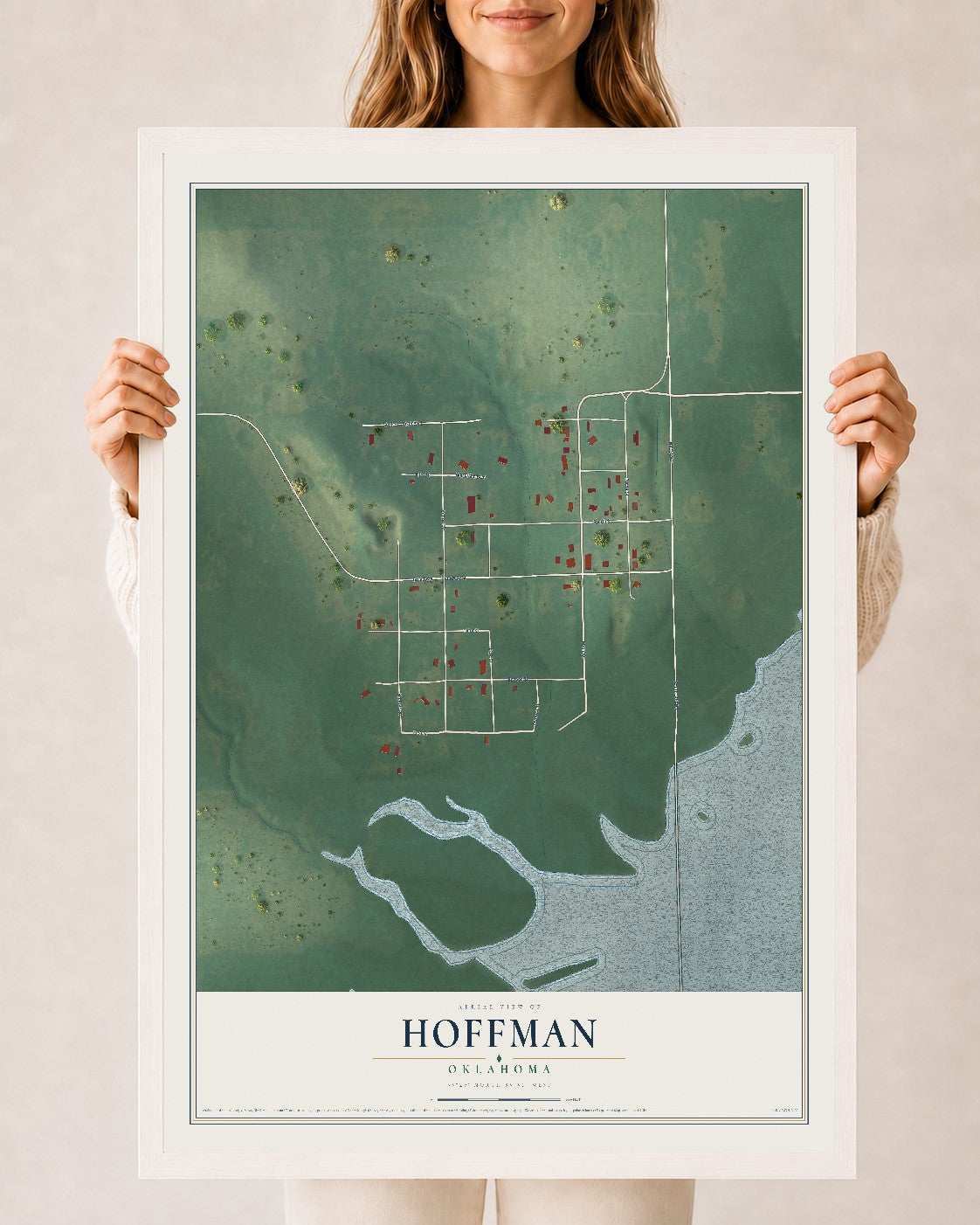 Map of Hoffman, Oklahoma, 24 x 36 inch print in a white wood frame
