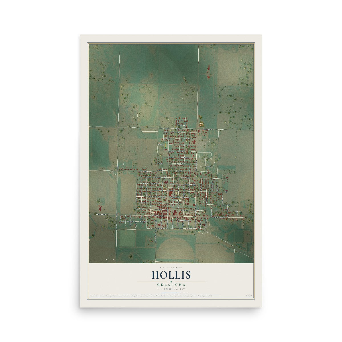 Map of Hollis, Oklahoma, 12 x 18 inch unframed archival matte print