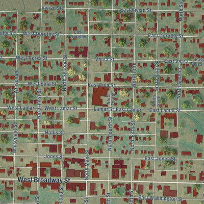 Close-up of the map of Hollis, Oklahoma print showing street and building detail