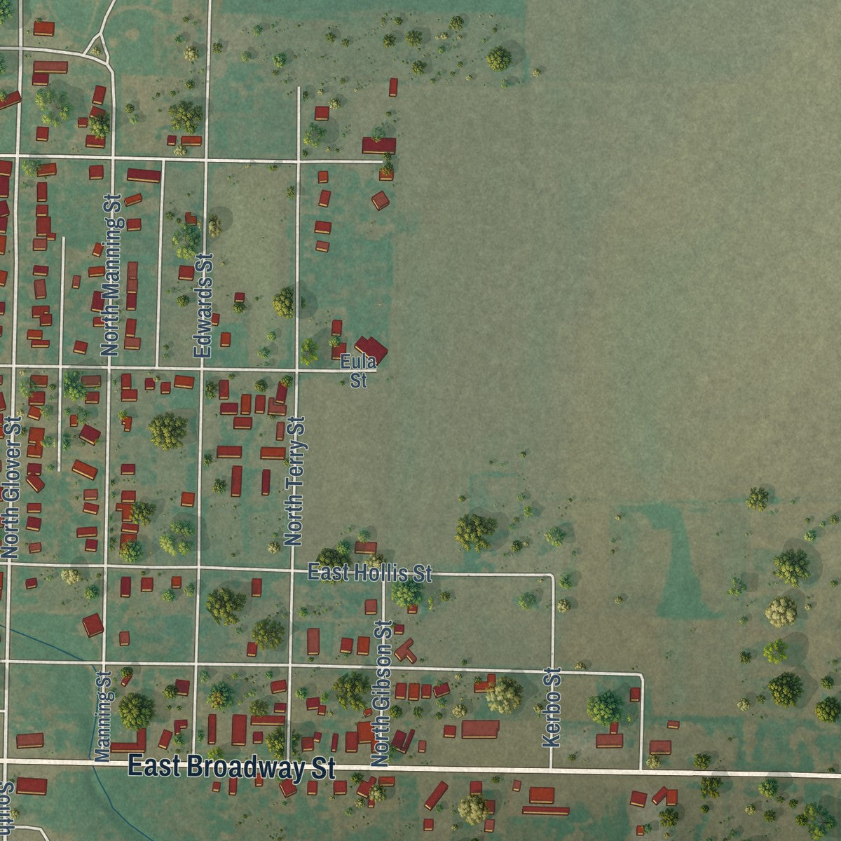 Second close-up of the map of Hollis, Oklahoma print showing more streets and buildings