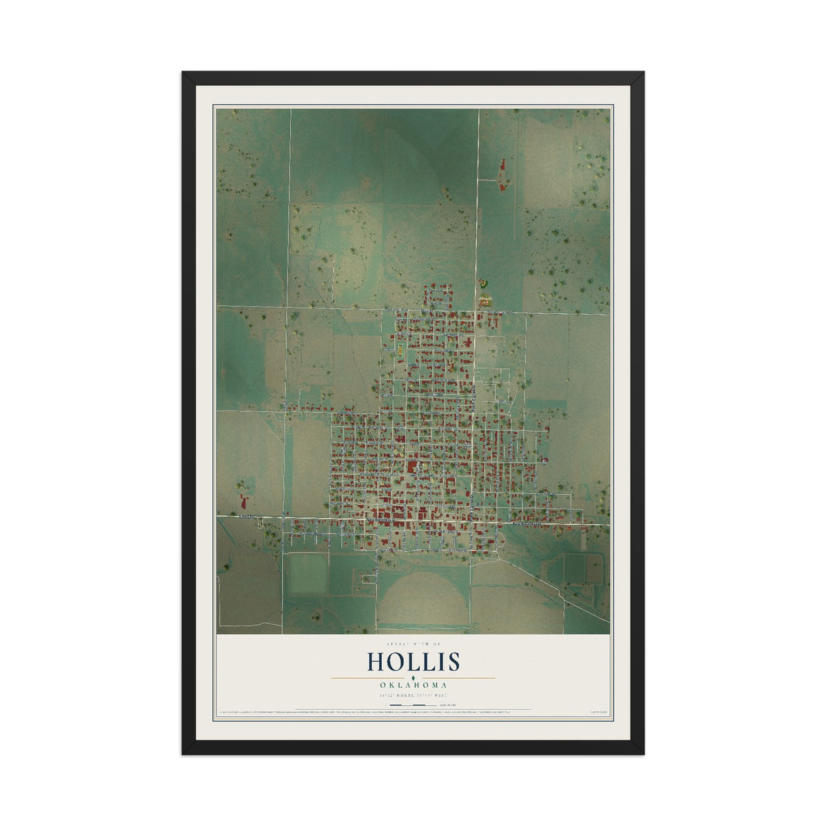 Map of Hollis, Oklahoma, 12 x 18 inch print in a black wood frame