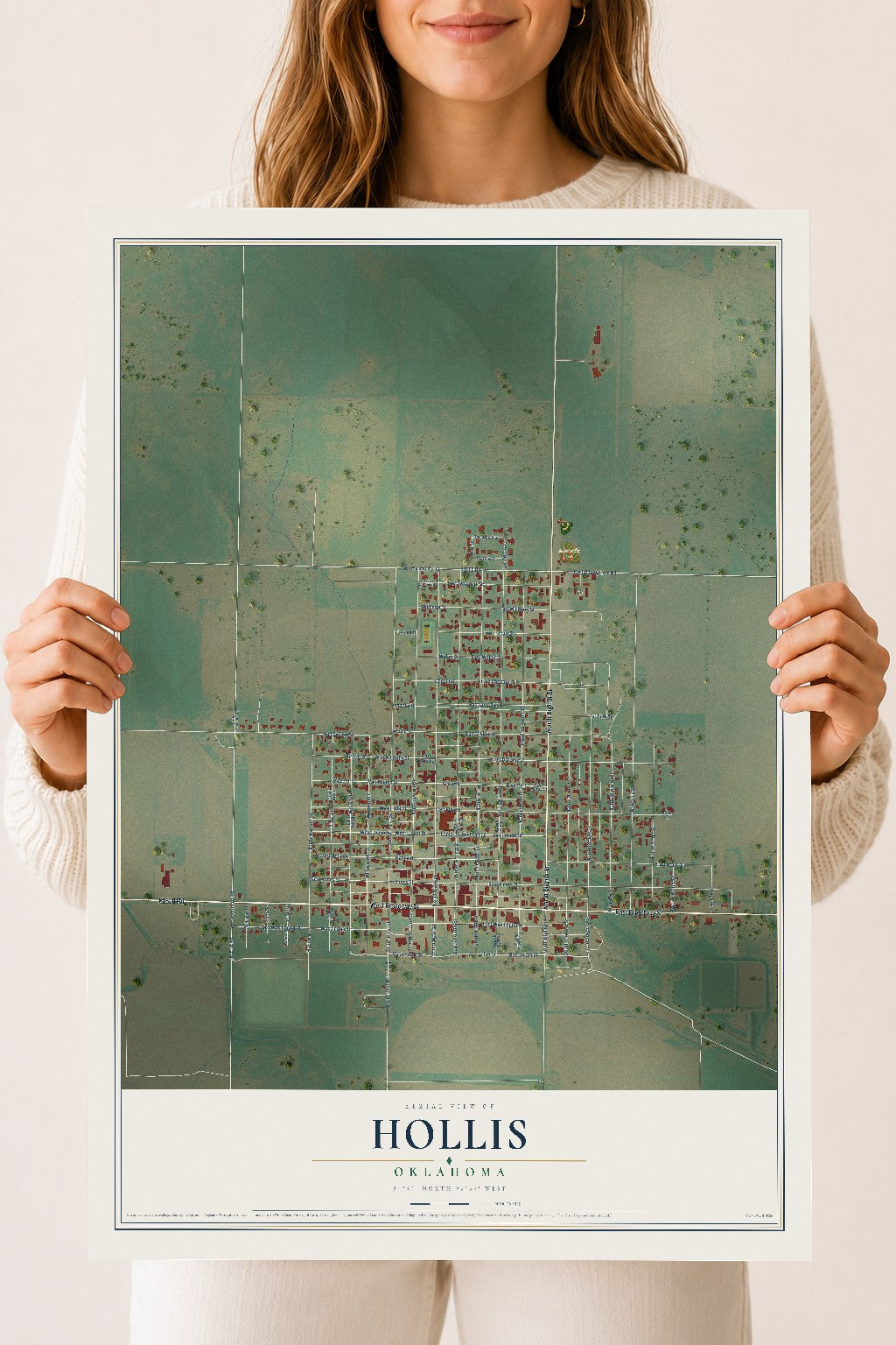 Map of Hollis, Oklahoma, 18 x 24 inch unframed archival matte print